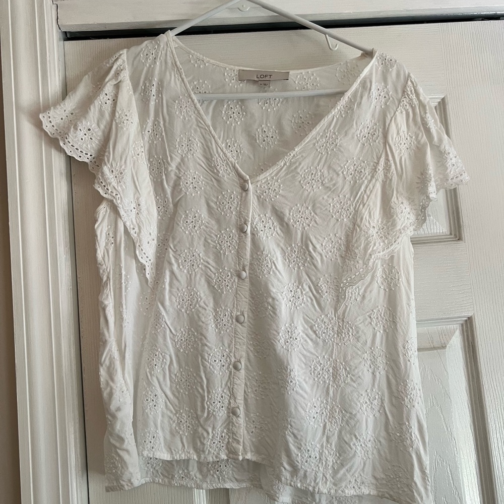LOFT White Eyelet Flutter Sleeve Blouse